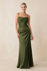 Cami Strap Ruched Satin Sheath Bridesmaid Dress in Olive - KISS BRIDAL Bridesmaid Dresses