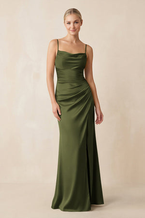Cami Strap Ruched Satin Sheath Bridesmaid Dress in Olive - SHE IS ME Bridesmaid Dresses