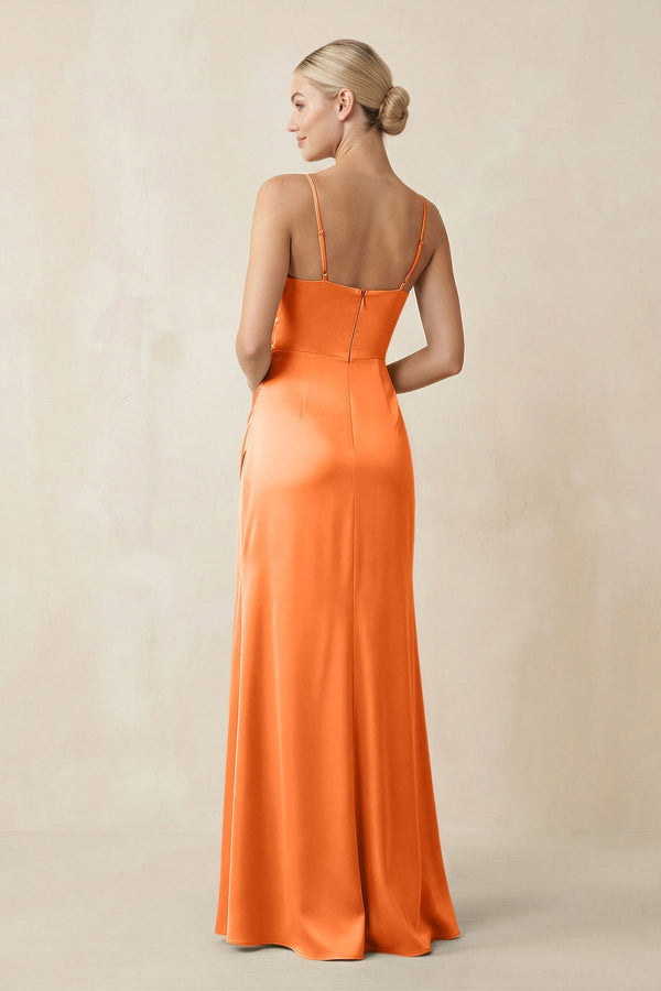 Cami Strap Ruched Satin Sheath Bridesmaid Dress in Orange - SHE IS ME Bridesmaid Dresses