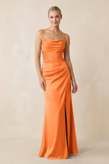Cami Strap Ruched Satin Sheath Bridesmaid Dress in Orange - KISS BRIDAL Bridesmaid Dresses