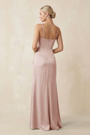 Cami Strap Ruched Satin Sheath Bridesmaid Dress in Pale Blush - KISS BRIDAL Bridesmaid Dresses