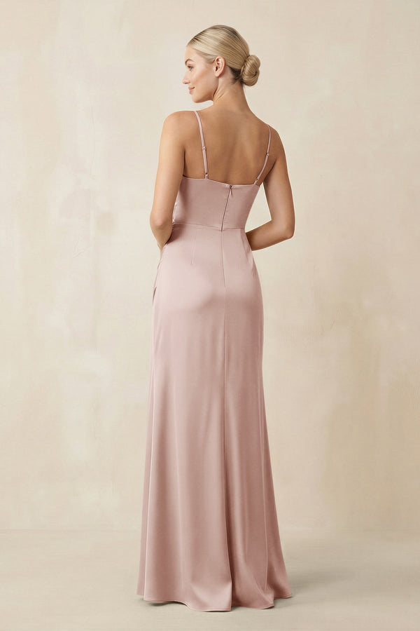 Cami Strap Ruched Satin Sheath Bridesmaid Dress in Pale Blush - KISS BRIDAL Bridesmaid Dresses