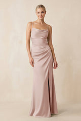 Cami Strap Ruched Satin Sheath Bridesmaid Dress in Pale Blush - KISS BRIDAL Bridesmaid Dresses