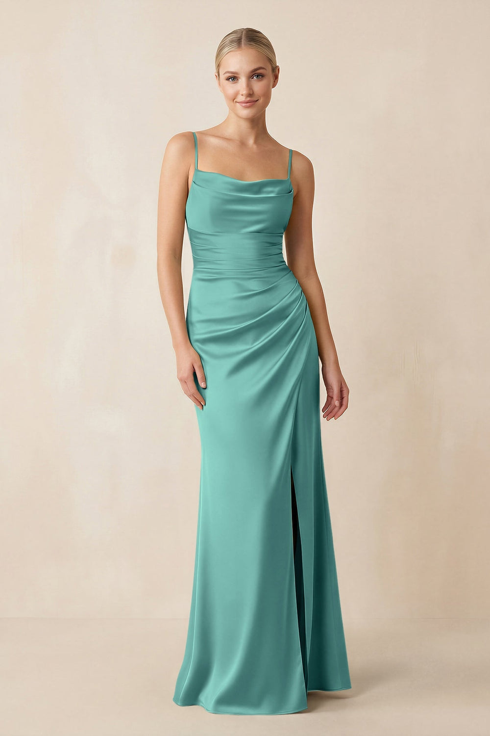 Cami Strap Ruched Satin Sheath Bridesmaid Dress in Pale Pistachio - KISS BRIDAL Bridesmaid Dresses