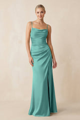 Cami Strap Ruched Satin Sheath Bridesmaid Dress in Pale Pistachio - KISS BRIDAL Bridesmaid Dresses