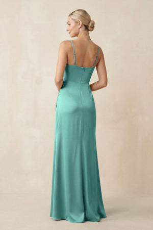 Cami Strap Ruched Satin Sheath Bridesmaid Dress in Pale Pistachio - KISS BRIDAL Bridesmaid Dresses