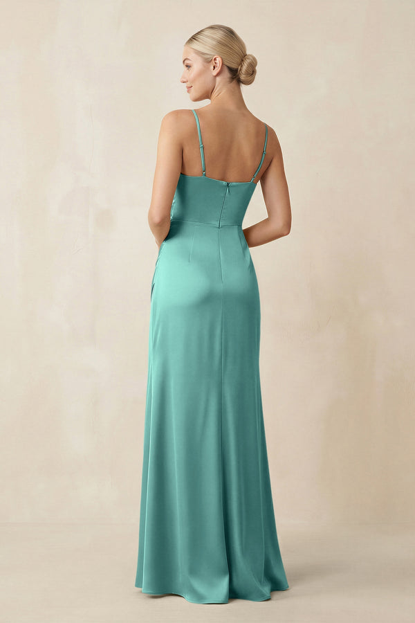 Cami Strap Ruched Satin Sheath Bridesmaid Dress in Pale Pistachio - KISS BRIDAL Bridesmaid Dresses