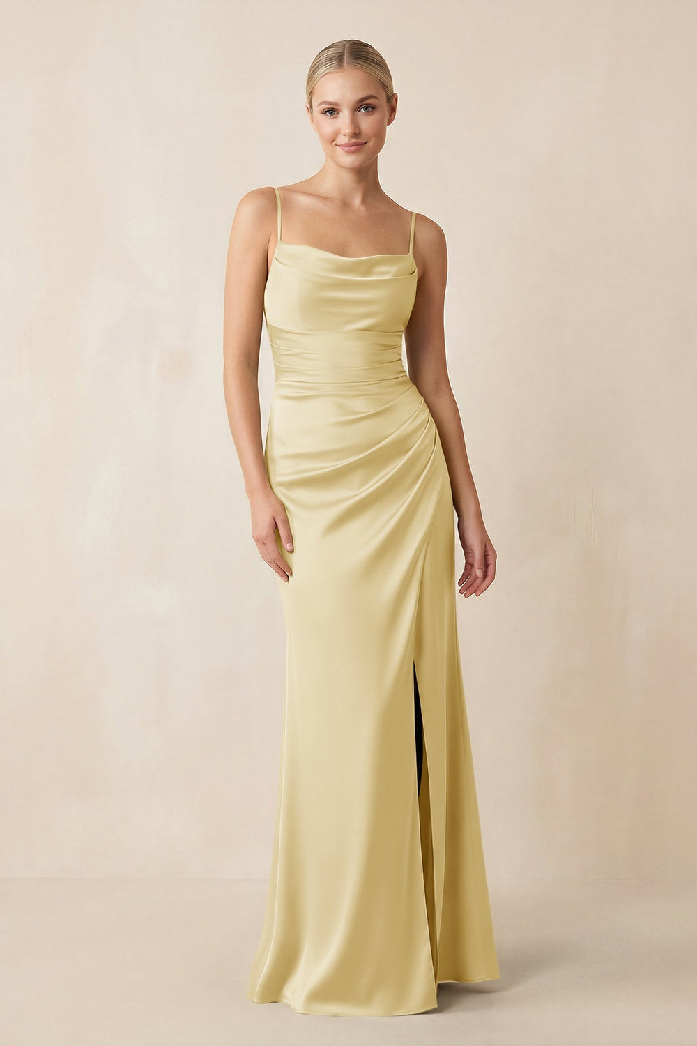 Cami Strap Ruched Satin Sheath Bridesmaid Dress in Pastel Yellow - KISS BRIDAL Bridesmaid Dresses