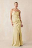 Cami Strap Ruched Satin Sheath Bridesmaid Dress in Pastel Yellow - KISS BRIDAL Bridesmaid Dresses