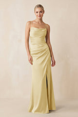 Cami Strap Ruched Satin Sheath Bridesmaid Dress in Pastel Yellow - KISS BRIDAL Bridesmaid Dresses