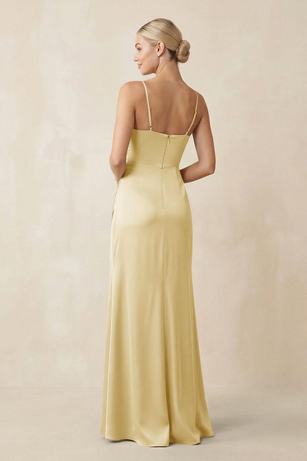 Cami Strap Ruched Satin Sheath Bridesmaid Dress in Pastel Yellow - KISS BRIDAL Bridesmaid Dresses