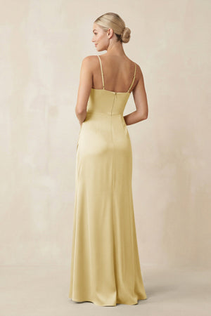 Cami Strap Ruched Satin Sheath Bridesmaid Dress in Pastel Yellow - KISS BRIDAL Bridesmaid Dresses