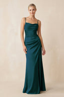 Cami Strap Ruched Satin Sheath Bridesmaid Dress in Pine - KISS BRIDAL Bridesmaid Dresses