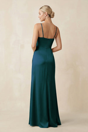 Cami Strap Ruched Satin Sheath Bridesmaid Dress in Pine - KISS BRIDAL Bridesmaid Dresses