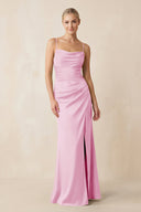 Cami Strap Ruched Satin Sheath Bridesmaid Dress in Pink - SHE IS ME Bridesmaid Dresses