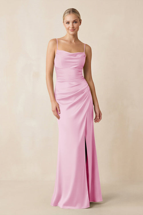 Cami Strap Ruched Satin Sheath Bridesmaid Dress in Pink - SHE IS ME Bridesmaid Dresses