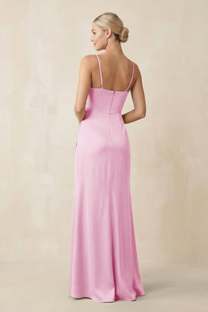Cami Strap Ruched Satin Sheath Bridesmaid Dress in Pink - SHE IS ME Bridesmaid Dresses