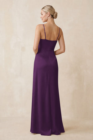 Cami Strap Ruched Satin Sheath Bridesmaid Dress in Plum (2) | KISSBRIDAL