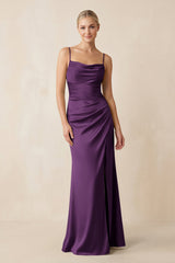 Cami Strap Ruched Satin Sheath Bridesmaid Dress in Plum - KISS BRIDAL Bridesmaid Dresses