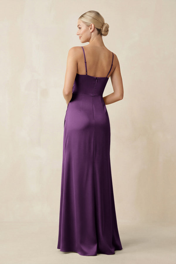 Cami Strap Ruched Satin Sheath Bridesmaid Dress in Plum - SHE IS ME Bridesmaid Dresses