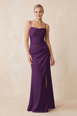 Cami Strap Ruched Satin Sheath Bridesmaid Dress in Plum | KISSBRIDAL