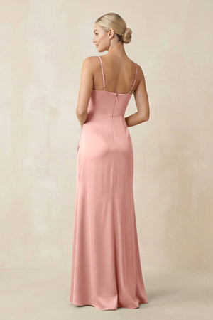 Cami Strap Ruched Satin Sheath Bridesmaid Dress in Rose Petal - KISS BRIDAL Bridesmaid Dresses