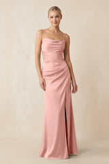 Cami Strap Ruched Satin Sheath Bridesmaid Dress in Rose Petal - KISS BRIDAL Bridesmaid Dresses