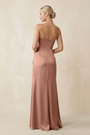 Cami Strap Ruched Satin Sheath Bridesmaid Dress in Rosette - SHE IS ME Bridesmaid Dresses