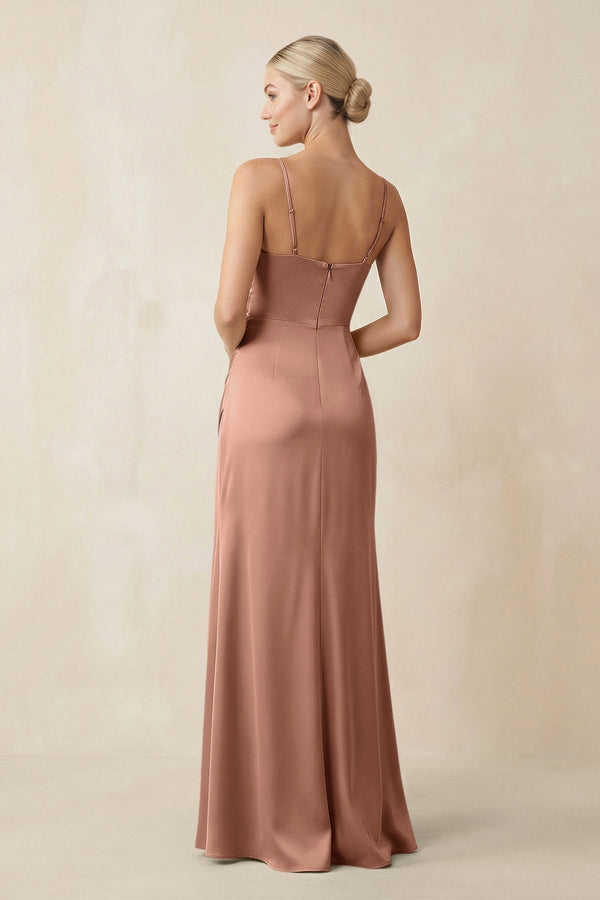 Cami Strap Ruched Satin Sheath Bridesmaid Dress in Rosette - SHE IS ME Bridesmaid Dresses