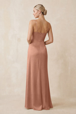 Cami Strap Ruched Satin Sheath Bridesmaid Dress in Rosette (2) | KISSBRIDAL