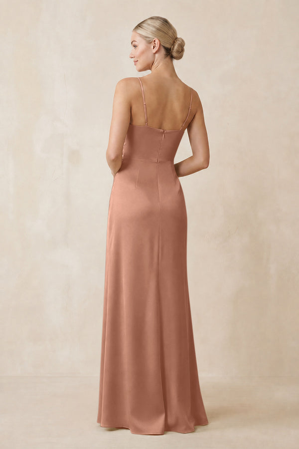 Cami Strap Ruched Satin Sheath Bridesmaid Dress in Rosette (2) | KISSBRIDAL