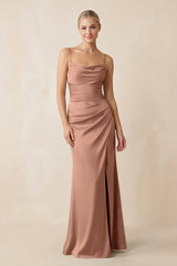 Cami Strap Ruched Satin Sheath Bridesmaid Dress in Rosette - KISS BRIDAL Bridesmaid Dresses