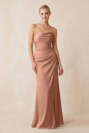 Cami Strap Ruched Satin Sheath Bridesmaid Dress in Rosette | KISSBRIDAL