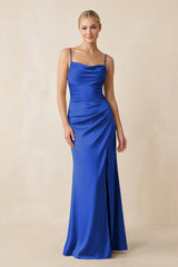 Cami Strap Ruched Satin Sheath Bridesmaid Dress in Royal Blue - KISS BRIDAL Bridesmaid Dresses