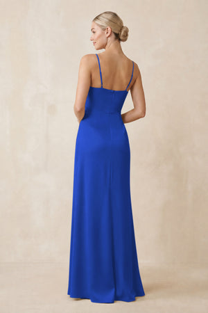Cami Strap Ruched Satin Sheath Bridesmaid Dress in Royal Blue (2) | KISSBRIDAL