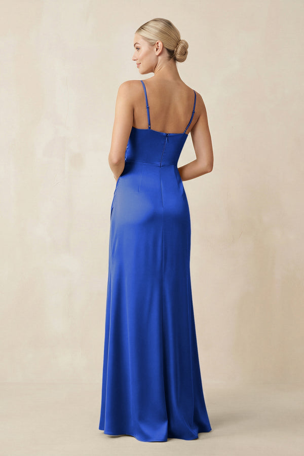 Cami Strap Ruched Satin Sheath Bridesmaid Dress in Royal Blue - KISS BRIDAL Bridesmaid Dresses