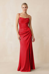 Cami Strap Ruched Satin Sheath Bridesmaid Dress in Ruby Red - KISS BRIDAL Bridesmaid Dresses