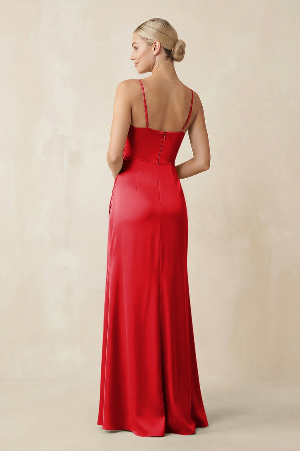 Cami Strap Ruched Satin Sheath Bridesmaid Dress in Ruby Red - KISS BRIDAL Bridesmaid Dresses