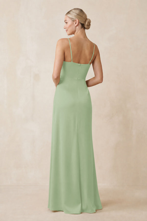 Cami Strap Ruched Satin Sheath Bridesmaid Dress in Sage (2) | KISSBRIDAL