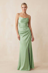 Cami Strap Ruched Satin Sheath Bridesmaid Dress in Sage - KISS BRIDAL Bridesmaid Dresses