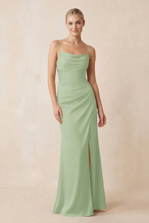 Cami Strap Ruched Satin Sheath Bridesmaid Dress in Sage | KISSBRIDAL