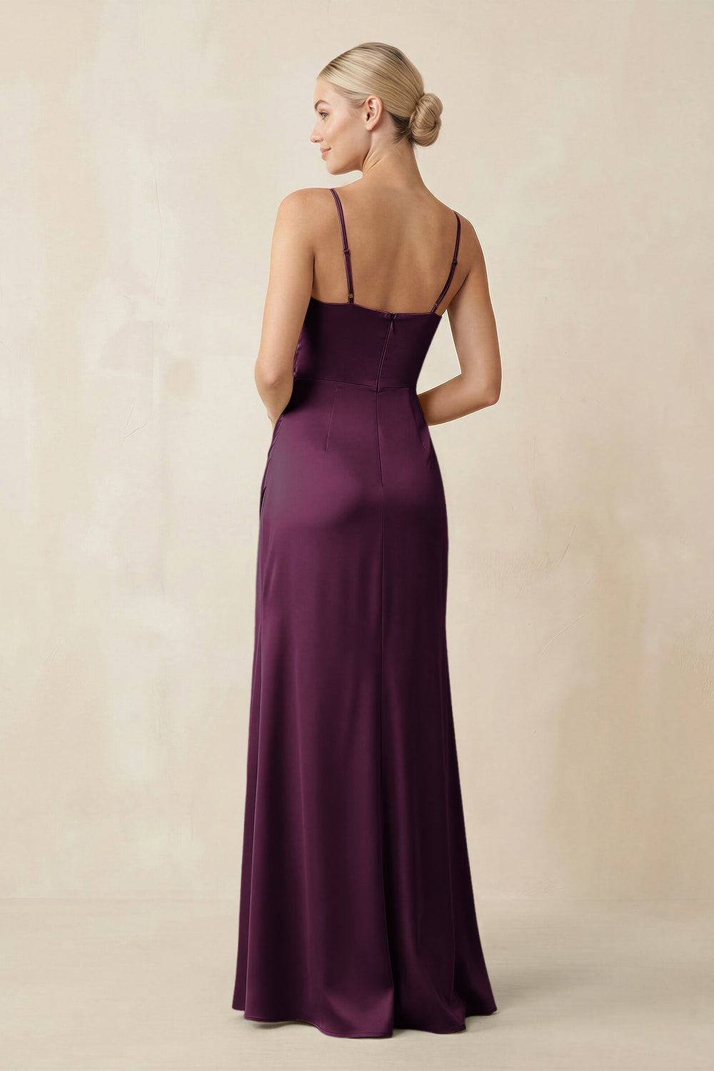 Cami Strap Ruched Satin Sheath Bridesmaid Dress in Sangria - KISS BRIDAL Bridesmaid Dresses