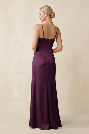 Cami Strap Ruched Satin Sheath Bridesmaid Dress in Sangria - SHE IS ME Bridesmaid Dresses