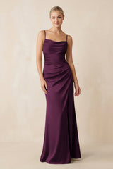 Cami Strap Ruched Satin Sheath Bridesmaid Dress in Sangria - KISS BRIDAL Bridesmaid Dresses