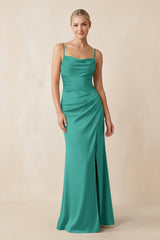 Cami Strap Ruched Satin Sheath Bridesmaid Dress in Sea Glass - KISS BRIDAL Bridesmaid Dresses