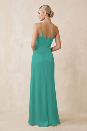 Cami Strap Ruched Satin Sheath Bridesmaid Dress in Sea Glass (2) | KISSBRIDAL