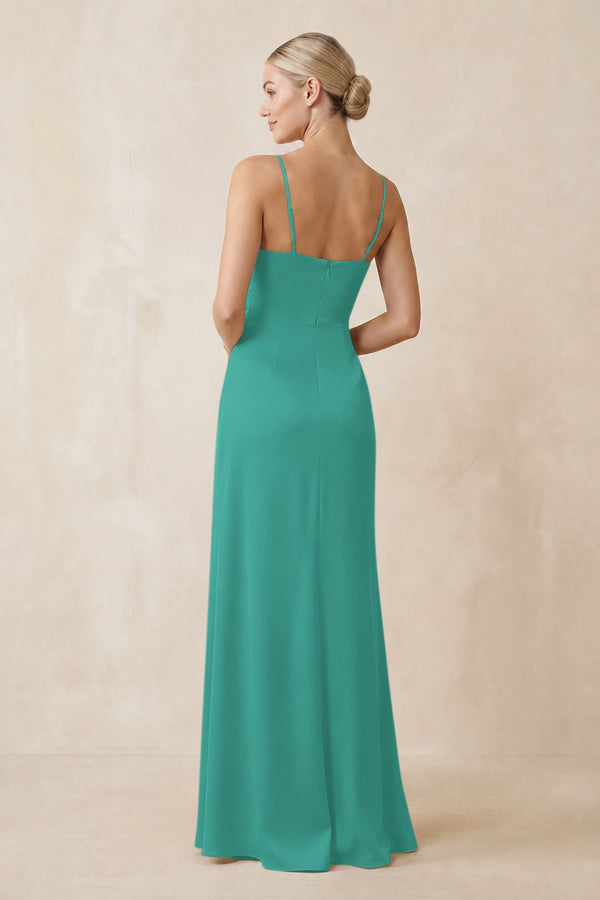 Cami Strap Ruched Satin Sheath Bridesmaid Dress in Sea Glass (2) | KISSBRIDAL