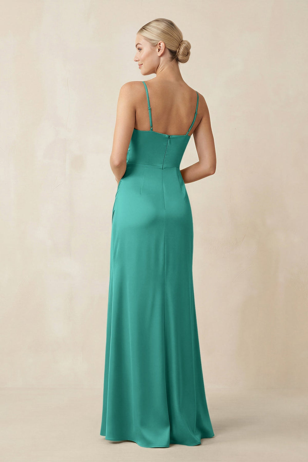 Cami Strap Ruched Satin Sheath Bridesmaid Dress in Sea Glass - KISS BRIDAL Bridesmaid Dresses