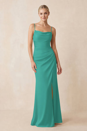 Cami Strap Ruched Satin Sheath Bridesmaid Dress in Sea Glass | KISSBRIDAL