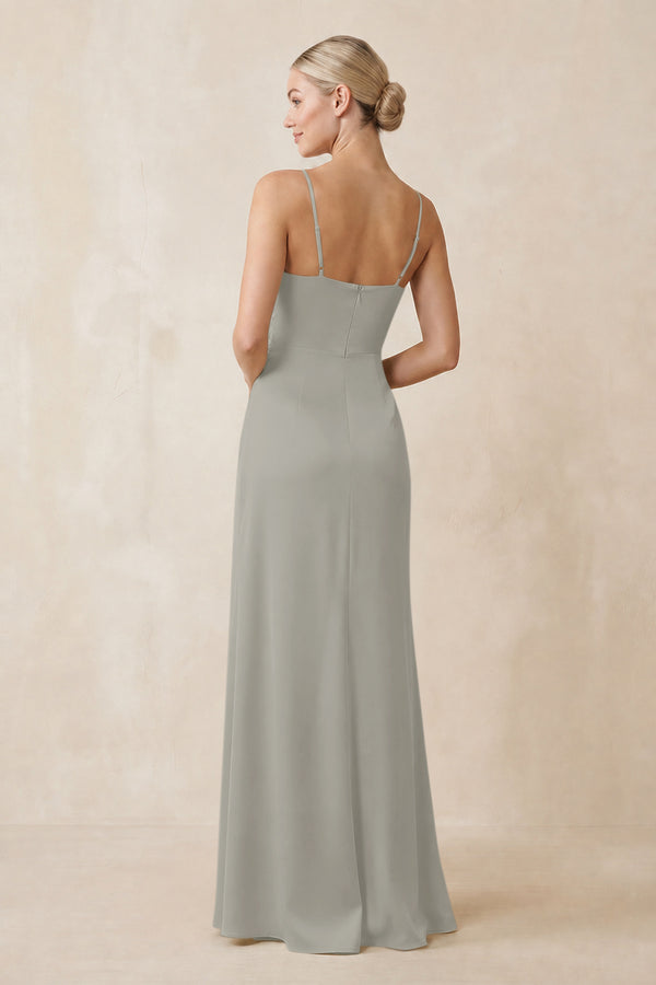 Cami Strap Ruched Satin Sheath Bridesmaid Dress in Silver (2) | KISSBRIDAL